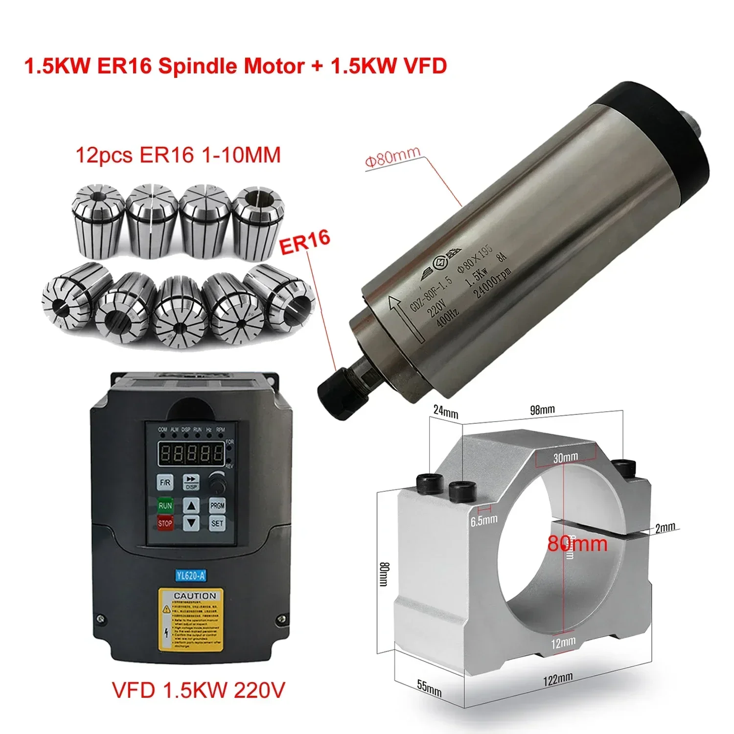 Er20 Collet Chuck Spindle Motor 220V - CNC Hava Soğutmalı 800W 1500W 2200W