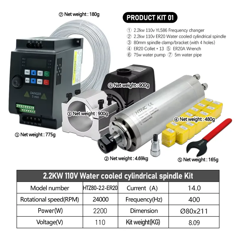 Brezilya, 2.2kw 220V 110V Su S - 2.2Kw Water Cooled Spindle Kit Vfd incelemesi ve fiyatı